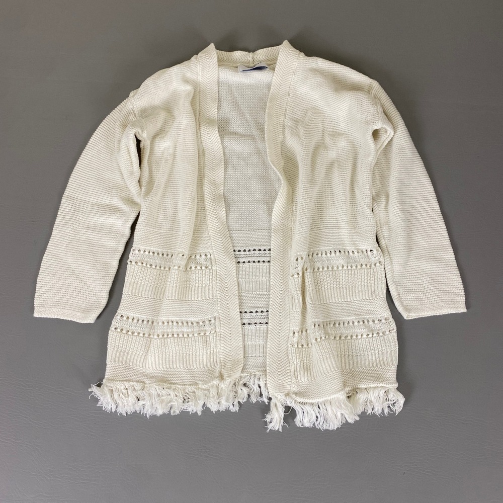 Old Navy Girls Cardigan Sweater Size L 10-12 Cotton Cream Knit Fringe Open Front